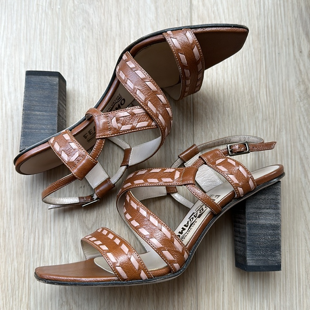 Ferragamo Cognac Block Heel Sandals w/Contrast Stitch Detail - Size 6.5 (EUC)